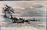 Jean Bougret  Barque sur le Rivage Lavis Aquarell